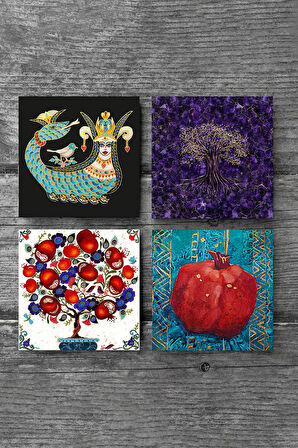Hayat Ağacı, Şahmeran, Nar Ağacı, Nar Taş Bardak Altlığı Masaüstü Koruyucu Altlık 4 Parça Set 10x10cm Stone Coasters