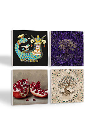 Şahmeran, Hayat Ağacı, Nar Taş Bardak Altlığı Masaüstü Koruyucu Altlık 4 Parça Set 10x10cm Stone Coasters