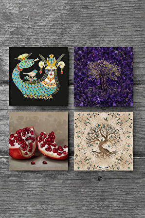 Şahmeran, Hayat Ağacı, Nar Taş Bardak Altlığı Masaüstü Koruyucu Altlık 4 Parça Set 10x10cm Stone Coasters
