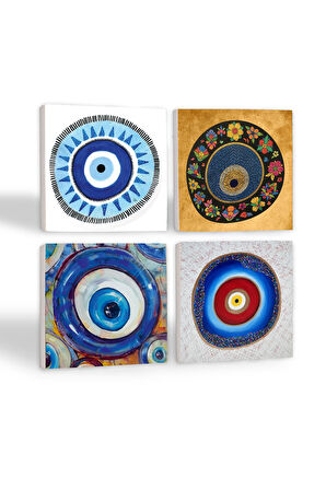 Nazar Taş Bardak Altlığı Masaüstü Koruyucu Altlık 4 Parça Set 10x10cm Stone Coasters