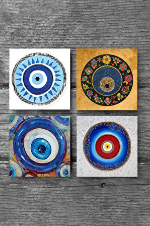 Nazar Taş Bardak Altlığı Masaüstü Koruyucu Altlık 4 Parça Set 10x10cm Stone Coasters