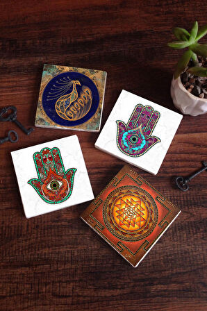 Tavus Kuşu, Sri Yantra, Fatma Ana Eli (Hamsa) Taş Bardak Altlığı Masaüstü Koruyucu Altlık 4 Parça Set 10x10cm Stone Coasters
