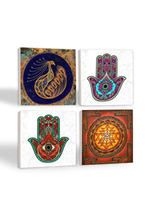 Tavus Kuşu, Sri Yantra, Fatma Ana Eli (Hamsa) Taş Bardak Altlığı Masaüstü Koruyucu Altlık 4 Parça Set 10x10cm Stone Coasters