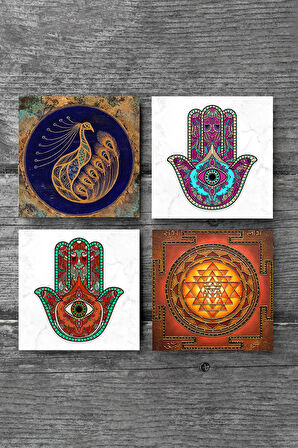 Tavus Kuşu, Sri Yantra, Fatma Ana Eli (Hamsa) Taş Bardak Altlığı Masaüstü Koruyucu Altlık 4 Parça Set 10x10cm Stone Coasters