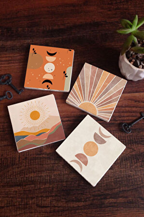 Bohem, Minimalist Soyut Taş Bardak Altlığı Masaüstü Koruyucu Altlık 4 Parça Set 10x10cm Stone Coasters