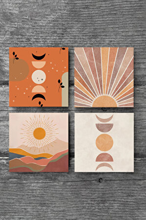 Bohem, Minimalist Soyut Taş Bardak Altlığı Masaüstü Koruyucu Altlık 4 Parça Set 10x10cm Stone Coasters