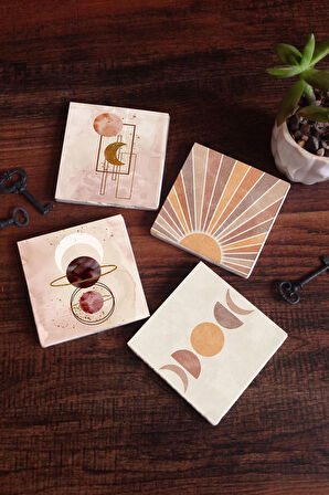 Minimalist Soyut Taş Bardak Altlığı Masaüstü Koruyucu Altlık 4 Parça Set 10x10cm Stone Coasters