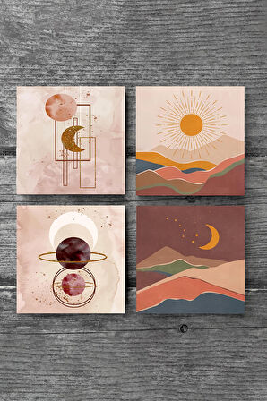 Minimalist Soyut, Bohem Taş Bardak Altlığı Masaüstü Koruyucu Altlık 4 Parça Set 10x10cm Stone Coasters