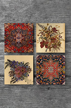 Desen, Vintage Çiçek Taş Bardak Altlığı Masaüstü Koruyucu Altlık 4 Parça Set 10x10cm Stone Coasters