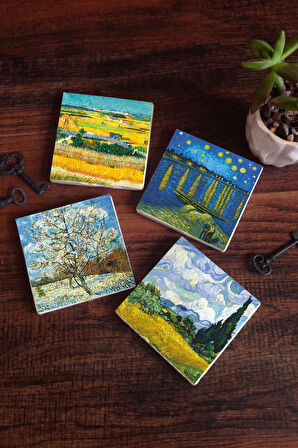 Van Gogh Buğday Tarlası, Şeftali Ağacı, Hasat Manzarası, Ren Nehri’nde Bir Gece Taş Bardak Altlığı Masaüstü Koruyucu Altlık 4 Parça Set 10x10cm Stone Coasters