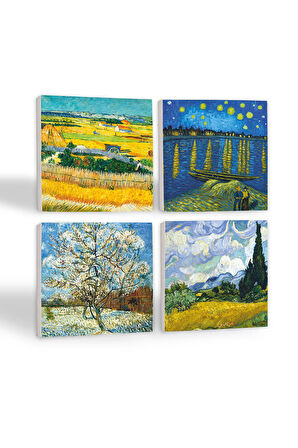 Van Gogh Buğday Tarlası, Şeftali Ağacı, Hasat Manzarası, Ren Nehri’nde Bir Gece Taş Bardak Altlığı Masaüstü Koruyucu Altlık 4 Parça Set 10x10cm Stone Coasters