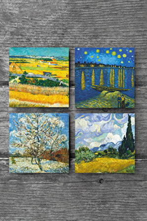 Van Gogh Buğday Tarlası, Şeftali Ağacı, Hasat Manzarası, Ren Nehri’nde Bir Gece Taş Bardak Altlığı Masaüstü Koruyucu Altlık 4 Parça Set 10x10cm Stone Coasters