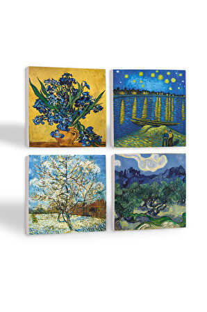 Van Gogh Zeytin Ağaçları, Şeftali Ağacı, Ren Nehri’nde Yıldızlı Gece, Süsenler Taş Bardak Altlığı Masaüstü Koruyucu Altlık 4 Parça Set 10x10cm Stone Coasters
