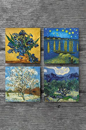 Van Gogh Zeytin Ağaçları, Şeftali Ağacı, Ren Nehri’nde Yıldızlı Gece, Süsenler Taş Bardak Altlığı Masaüstü Koruyucu Altlık 4 Parça Set 10x10cm Stone Coasters