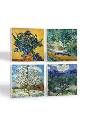 Van Gogh Zeytin Ağaçları, Şeftali Ağacı, Süsenler, Oise Bankası Taş Bardak Altlığı Masaüstü Koruyucu Altlık 4 Parça Set 10x10cm Stone Coasters