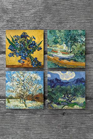 Van Gogh Zeytin Ağaçları, Şeftali Ağacı, Süsenler, Oise Bankası Taş Bardak Altlığı Masaüstü Koruyucu Altlık 4 Parça Set 10x10cm Stone Coasters