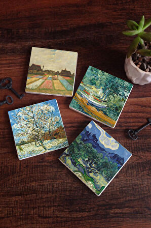 Van Gogh Zeytin Ağaçları, Şeftali Ağacı, Lale Tarlaları, Oise Bankası Taş Bardak Altlığı Masaüstü Koruyucu Altlık 4 Parça Set 10x10cm Stone Coasters