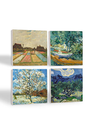 Van Gogh Zeytin Ağaçları, Şeftali Ağacı, Lale Tarlaları, Oise Bankası Taş Bardak Altlığı Masaüstü Koruyucu Altlık 4 Parça Set 10x10cm Stone Coasters