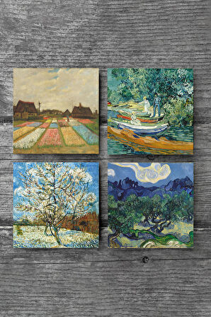Van Gogh Zeytin Ağaçları, Şeftali Ağacı, Lale Tarlaları, Oise Bankası Taş Bardak Altlığı Masaüstü Koruyucu Altlık 4 Parça Set 10x10cm Stone Coasters