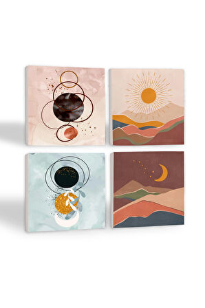 Minimalist Soyut, Bohem Taş Bardak Altlığı Masaüstü Koruyucu Altlık 4 Parça Set 10x10cm Stone Coasters