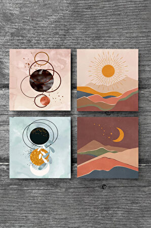 Minimalist Soyut, Bohem Taş Bardak Altlığı Masaüstü Koruyucu Altlık 4 Parça Set 10x10cm Stone Coasters