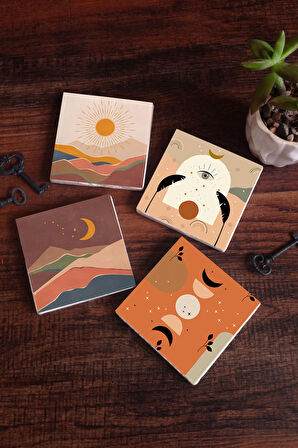 Bohem Taş Bardak Altlığı Masaüstü Koruyucu Altlık 4 Parça Set 10x10cm Stone Coasters
