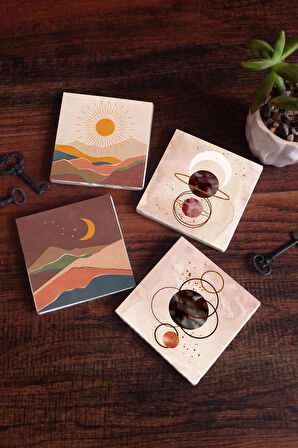 Minimalist Soyut, Bohem Taş Bardak Altlığı Masaüstü Koruyucu Altlık 4 Parça Set 10x10cm Stone Coasters