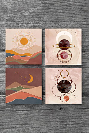 Minimalist Soyut, Bohem Taş Bardak Altlığı Masaüstü Koruyucu Altlık 4 Parça Set 10x10cm Stone Coasters