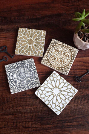 Etnik Desen Taş Bardak Altlığı Masaüstü Koruyucu Altlık 4 Parça Set 10x10cm Stone Coasters