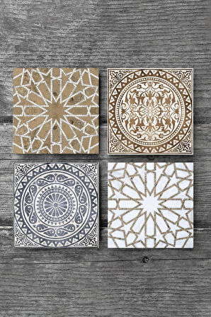 Etnik Desen Taş Bardak Altlığı Masaüstü Koruyucu Altlık 4 Parça Set 10x10cm Stone Coasters