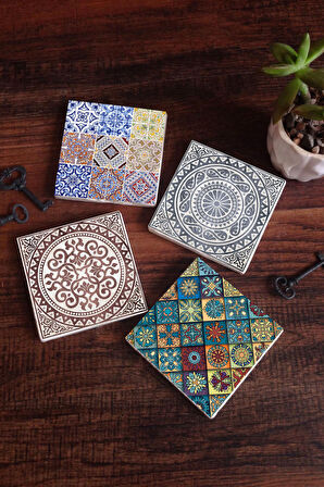 Etnik Desen Taş Bardak Altlığı Masaüstü Koruyucu Altlık 4 Parça Set 10x10cm Stone Coasters
