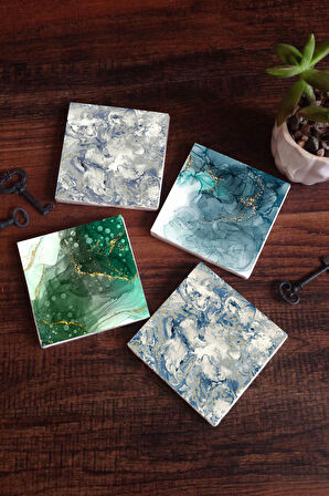 Soyut Sanat, Desen Taş Bardak Altlığı Masaüstü Koruyucu Altlık 4 Parça Set 10x10cm Stone Coasters