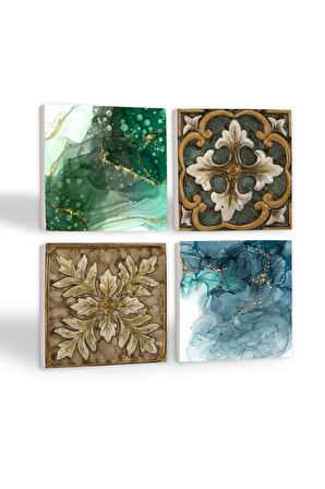 Soyut Sanat, Desen Taş Bardak Altlığı Masaüstü Koruyucu Altlık 4 Parça Set 10x10cm Stone Coasters