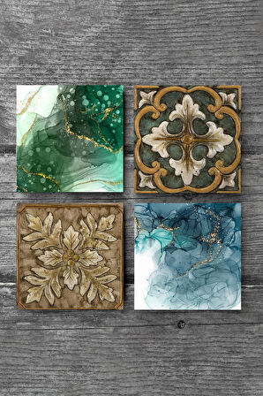 Soyut Sanat, Desen Taş Bardak Altlığı Masaüstü Koruyucu Altlık 4 Parça Set 10x10cm Stone Coasters