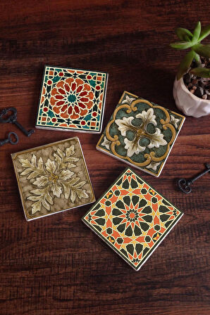 Etnik Desen Taş Bardak Altlığı Masaüstü Koruyucu Altlık 4 Parça Set 10x10cm Stone Coasters