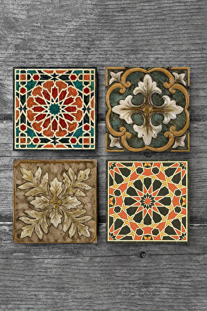 Etnik Desen Taş Bardak Altlığı Masaüstü Koruyucu Altlık 4 Parça Set 10x10cm Stone Coasters