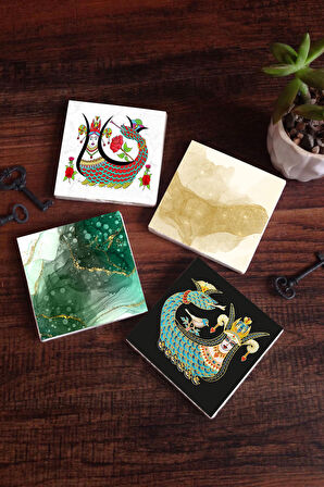 Soyut Sanat, Şahmeran Taş Bardak Altlığı Masaüstü Koruyucu Altlık 4 Parça Set 10x10cm Stone Coasters