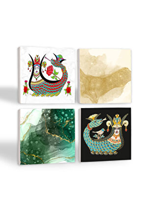 Soyut Sanat, Şahmeran Taş Bardak Altlığı Masaüstü Koruyucu Altlık 4 Parça Set 10x10cm Stone Coasters