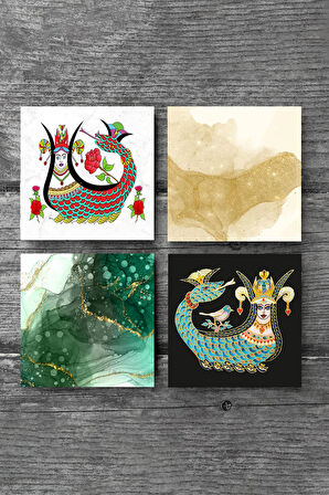 Soyut Sanat, Şahmeran Taş Bardak Altlığı Masaüstü Koruyucu Altlık 4 Parça Set 10x10cm Stone Coasters