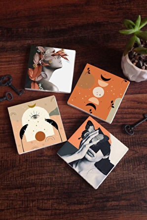 Bohem, Bahar Düşü Serisi Taş Bardak Altlığı Masaüstü Koruyucu Altlık 4 Parça Set 10x10cm Stone Coasters