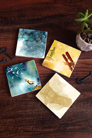 Küçük Prens, Soyut Sanat Taş Bardak Altlığı Masaüstü Koruyucu Altlık 4 Parça Set 10x10cm Stone Coasters