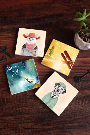 Küçük Prens, Köpek, Kedi Taş Bardak Altlığı Masaüstü Koruyucu Altlık 4 Parça Set 10x10cm Stone Coasters