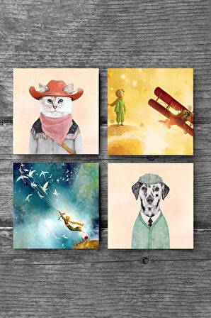 Küçük Prens, Köpek, Kedi Taş Bardak Altlığı Masaüstü Koruyucu Altlık 4 Parça Set 10x10cm Stone Coasters
