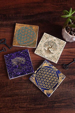 Yaşam Çiçeği, Hayat Ağacı Taş Bardak Altlığı Masaüstü Koruyucu Altlık 4 Parça Set 10x10cm Stone Coasters