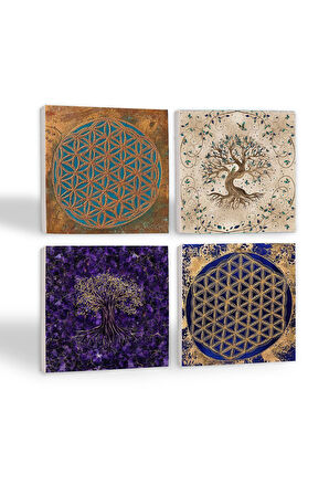 Yaşam Çiçeği, Hayat Ağacı Taş Bardak Altlığı Masaüstü Koruyucu Altlık 4 Parça Set 10x10cm Stone Coasters