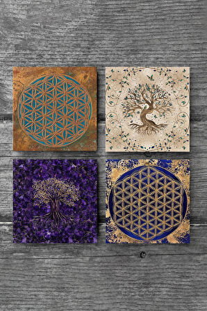 Yaşam Çiçeği, Hayat Ağacı Taş Bardak Altlığı Masaüstü Koruyucu Altlık 4 Parça Set 10x10cm Stone Coasters