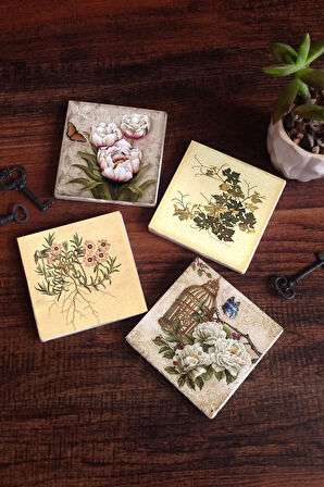 Vintage Çiçek, Kelebekli Çiçek Taş Bardak Altlığı Masaüstü Koruyucu Altlık 4 Parça Set 10x10cm Stone Coasters