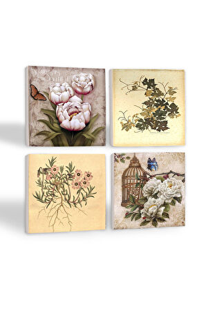 Vintage Çiçek, Kelebekli Çiçek Taş Bardak Altlığı Masaüstü Koruyucu Altlık 4 Parça Set 10x10cm Stone Coasters
