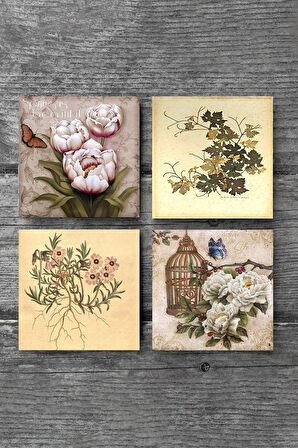 Vintage Çiçek, Kelebekli Çiçek Taş Bardak Altlığı Masaüstü Koruyucu Altlık 4 Parça Set 10x10cm Stone Coasters