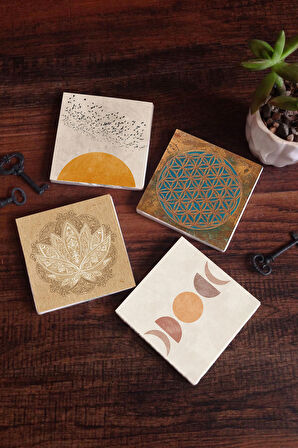Minimalist, Yaşam Çiçeği, Soyut, Lotus Çiçeği Taş Bardak Altlığı Masaüstü Koruyucu Altlık 4 Parça Set 10x10cm Stone Coasters